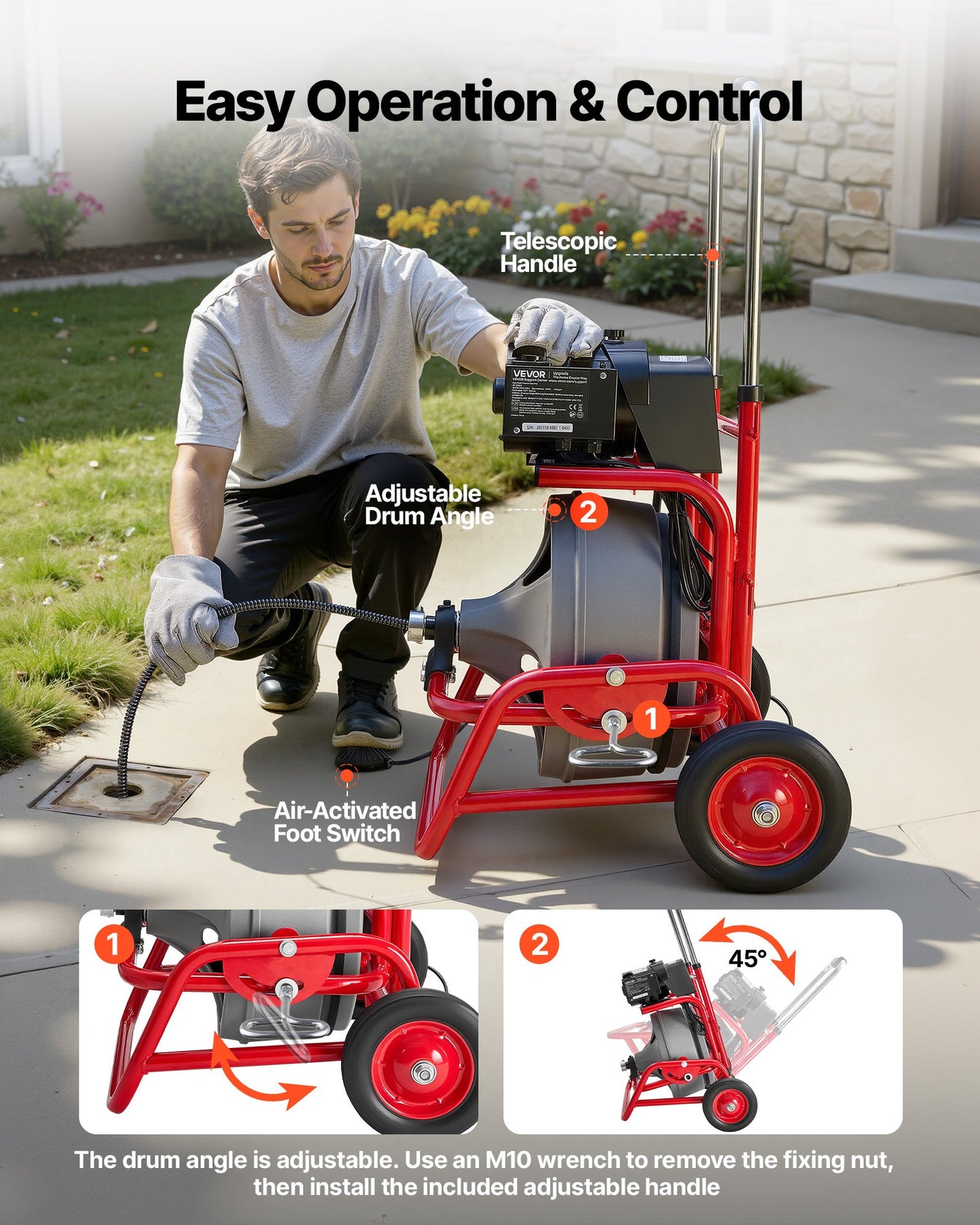 Drain Cleaner Machine 22m x 12.7mm, Sewer Snake Auger on Wheels, Manual Feed Drain Cleaning Machine with Adjustable Drum Angle, 6 Cutters & Air-activated Foot Switch for 50mm to 150mm Pipes