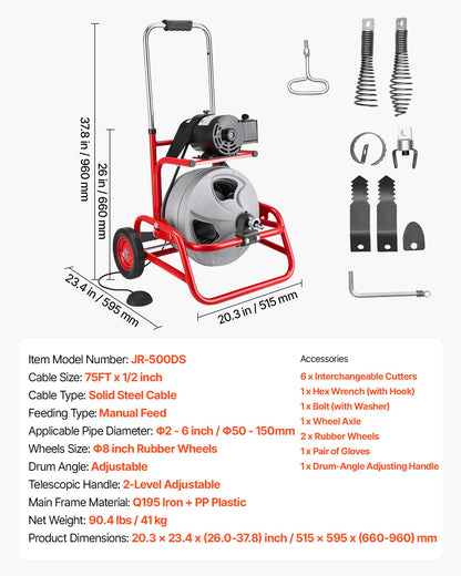 Drain Cleaner Machine 22m x 12.7mm, Sewer Snake Auger on Wheels, Manual Feed Drain Cleaning Machine with Adjustable Drum Angle, 6 Cutters & Air-activated Foot Switch for 50mm to 150mm Pipes