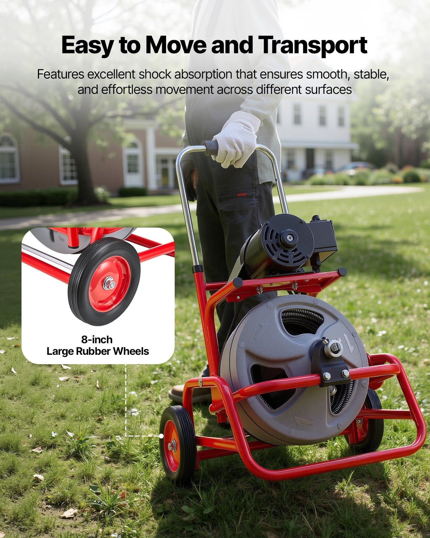 Drain Cleaner Machine 22m x 12.7mm, Sewer Snake Auger on Wheels, Manual Feed Drain Cleaning Machine with Adjustable Drum Angle, 6 Cutters & Air-activated Foot Switch for 50mm to 150mm Pipes