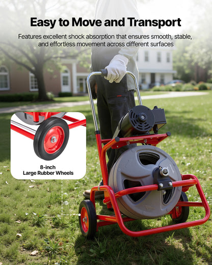 Drain Cleaner Machine 22m x 12.7mm, Sewer Snake Auger on Wheels, Manual Feed Drain Cleaning Machine with Adjustable Drum Angle, 6 Cutters & Air-activated Foot Switch for 50mm to 150mm Pipes