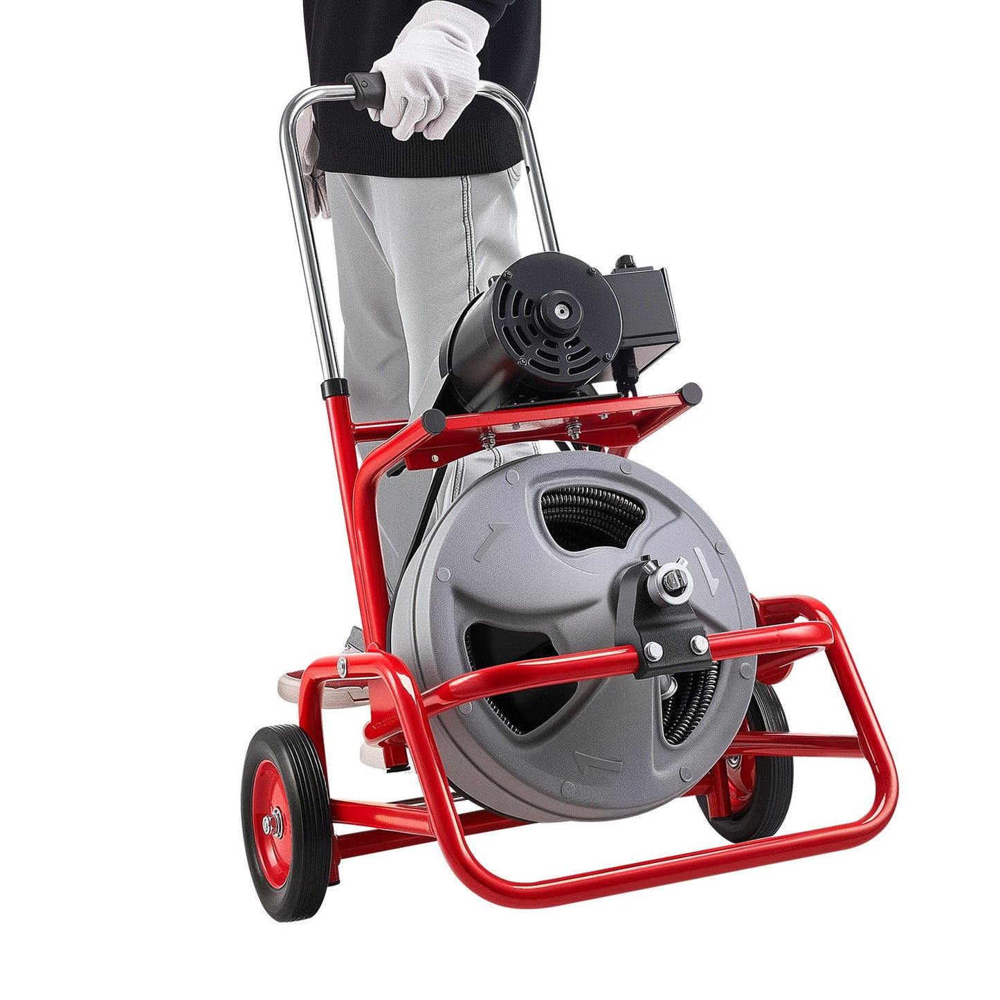 Drain Cleaner Machine 22m x 12.7mm, Sewer Snake Auger on Wheels, Manual Feed Drain Cleaning Machine with Adjustable Drum Angle, 6 Cutters & Air-activated Foot Switch for 50mm to 150mm Pipes