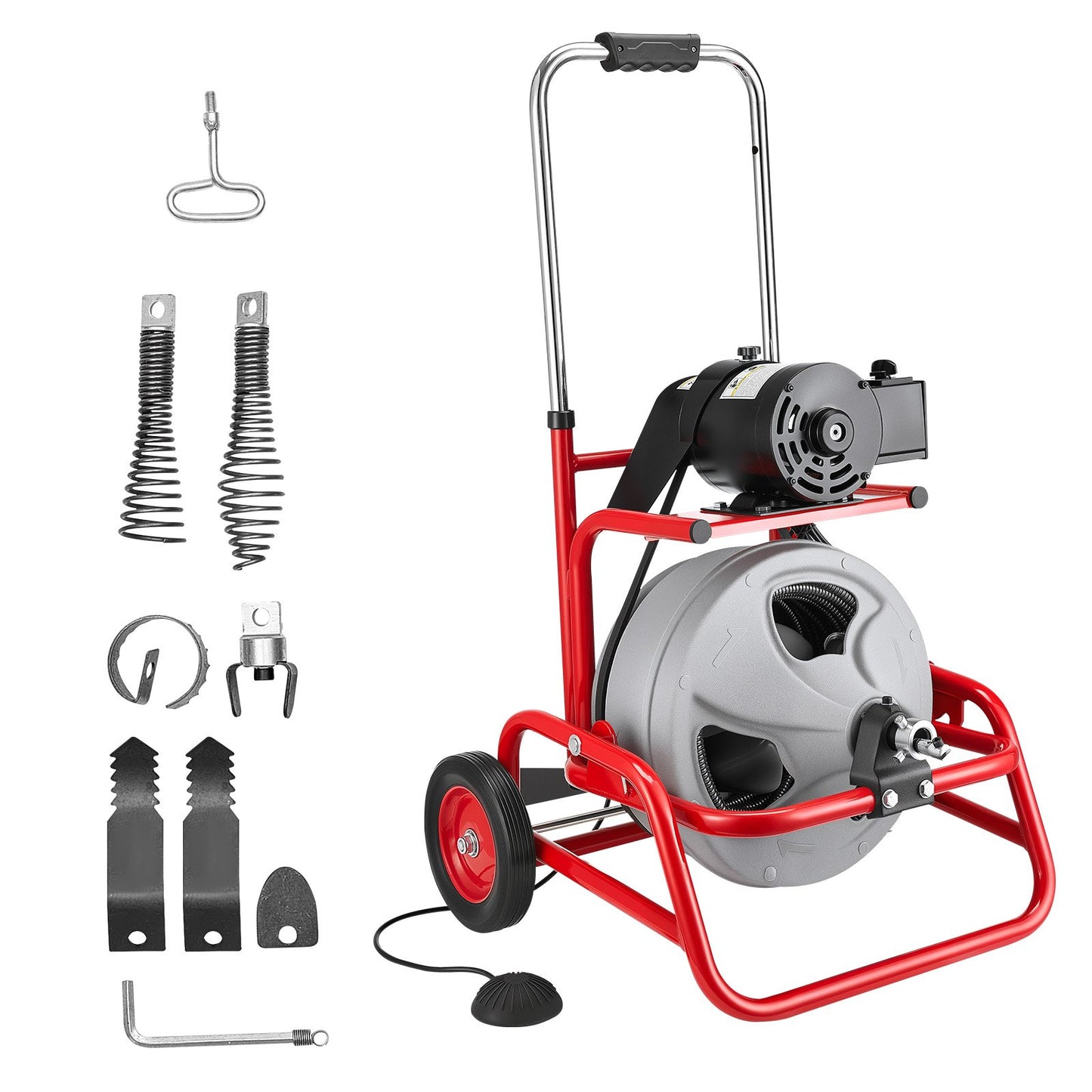 Drain Cleaner Machine 22m x 12.7mm, Sewer Snake Auger on Wheels, Manual Feed Drain Cleaning Machine with Adjustable Drum Angle, 6 Cutters & Air-activated Foot Switch for 50mm to 150mm Pipes