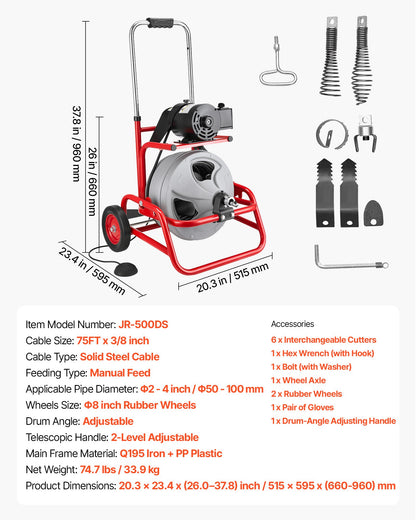 Drain Cleaner Machine 22m x 9.5mm, Sewer Snake Auger on Wheels, Manual Feed Drain Cleaning Machine with Adjustable Drum Angle, 6 Cutters & Air-activated Foot Switch for 50mm to 100mm Pipes