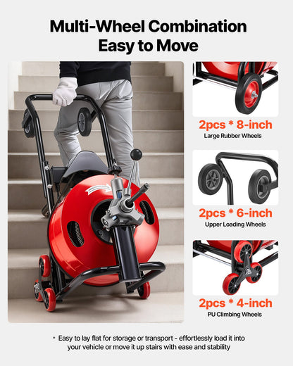 Drain Cleaner Machine 30m x 19mm, Auto Feed Sewer Snake Auger, Portable Drain Cleaning Machine with Multi-Wheel Combination, 6 Cutters & Air-Activated Foot Switch for 100mm to 200mm Pipes