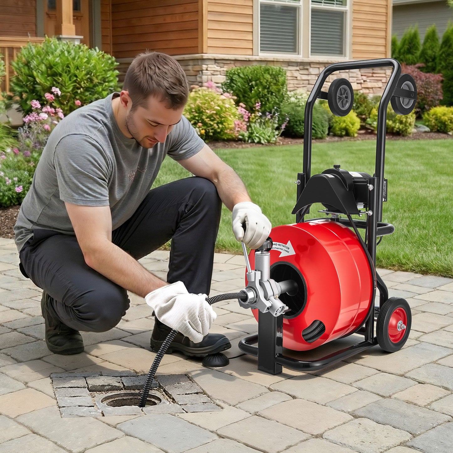 Drain Cleaner Machine 30m x 19mm, Auto Feed Sewer Snake Auger, Portable Drain Cleaning Machine with Multi-Wheel Combination, 6 Cutters & Air-Activated Foot Switch for 100mm to 200mm Pipes