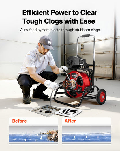 Drain Cleaner Machine 22m x 12.7mm, Auto Feed Sewer Snake Auger, Portable Drain Cleaning Machine with Climbing Wheels, Adjustable Drum, 8 Cutters & Foot Switch for 50mm to 150mm Pipes