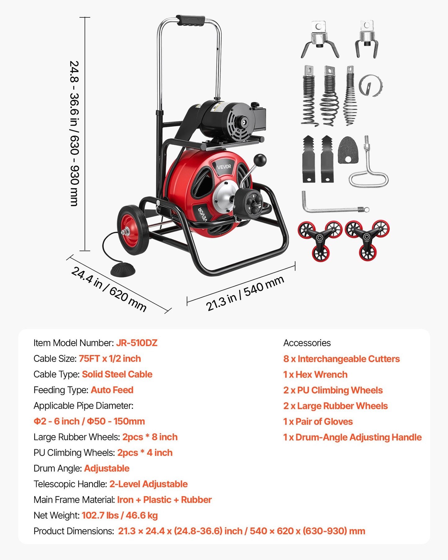 Drain Cleaner Machine 22m x 12.7mm, Auto Feed Sewer Snake Auger, Portable Drain Cleaning Machine with Climbing Wheels, Adjustable Drum, 8 Cutters & Foot Switch for 50mm to 150mm Pipes