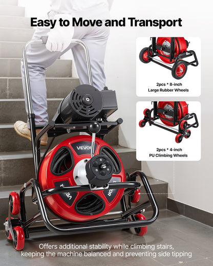 Drain Cleaner Machine 22m x 12.7mm, Auto Feed Sewer Snake Auger, Portable Drain Cleaning Machine with Climbing Wheels, Adjustable Drum, 8 Cutters & Foot Switch for 50mm to 150mm Pipes