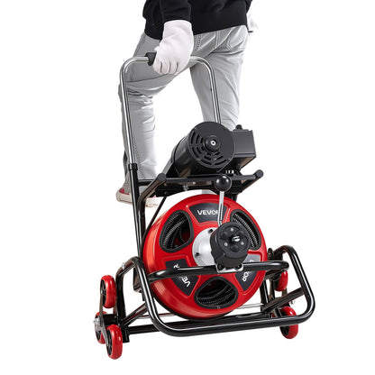 Drain Cleaner Machine 22m x 12.7mm, Auto Feed Sewer Snake Auger, Portable Drain Cleaning Machine with Climbing Wheels, Adjustable Drum, 8 Cutters & Foot Switch for 50mm to 150mm Pipes