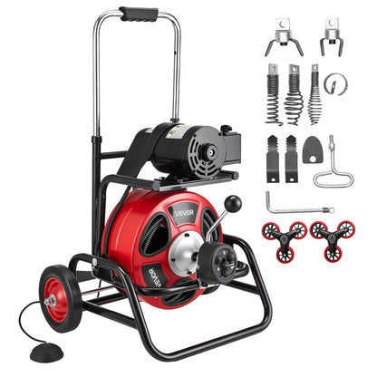 Drain Cleaner Machine 22m x 12.7mm, Auto Feed Sewer Snake Auger, Portable Drain Cleaning Machine with Climbing Wheels, Adjustable Drum, 8 Cutters & Foot Switch for 50mm to 150mm Pipes