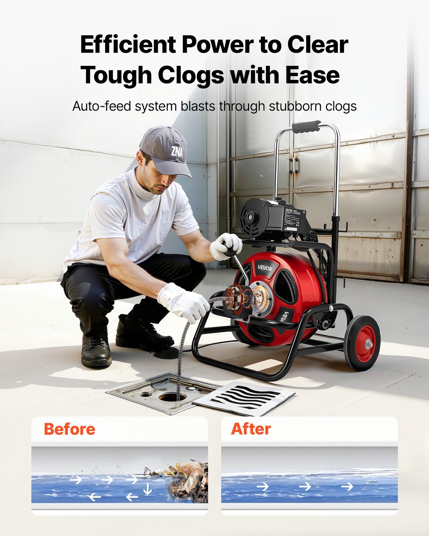 Drain Cleaner Machine 30m x 12.7mm, Auto Feed Sewer Snake Auger, Portable Drain Cleaning Machine with Climbing Wheels, Adjustable Drum, 8 Cutters & Foot Switch for 50mm to 150mm Pipes