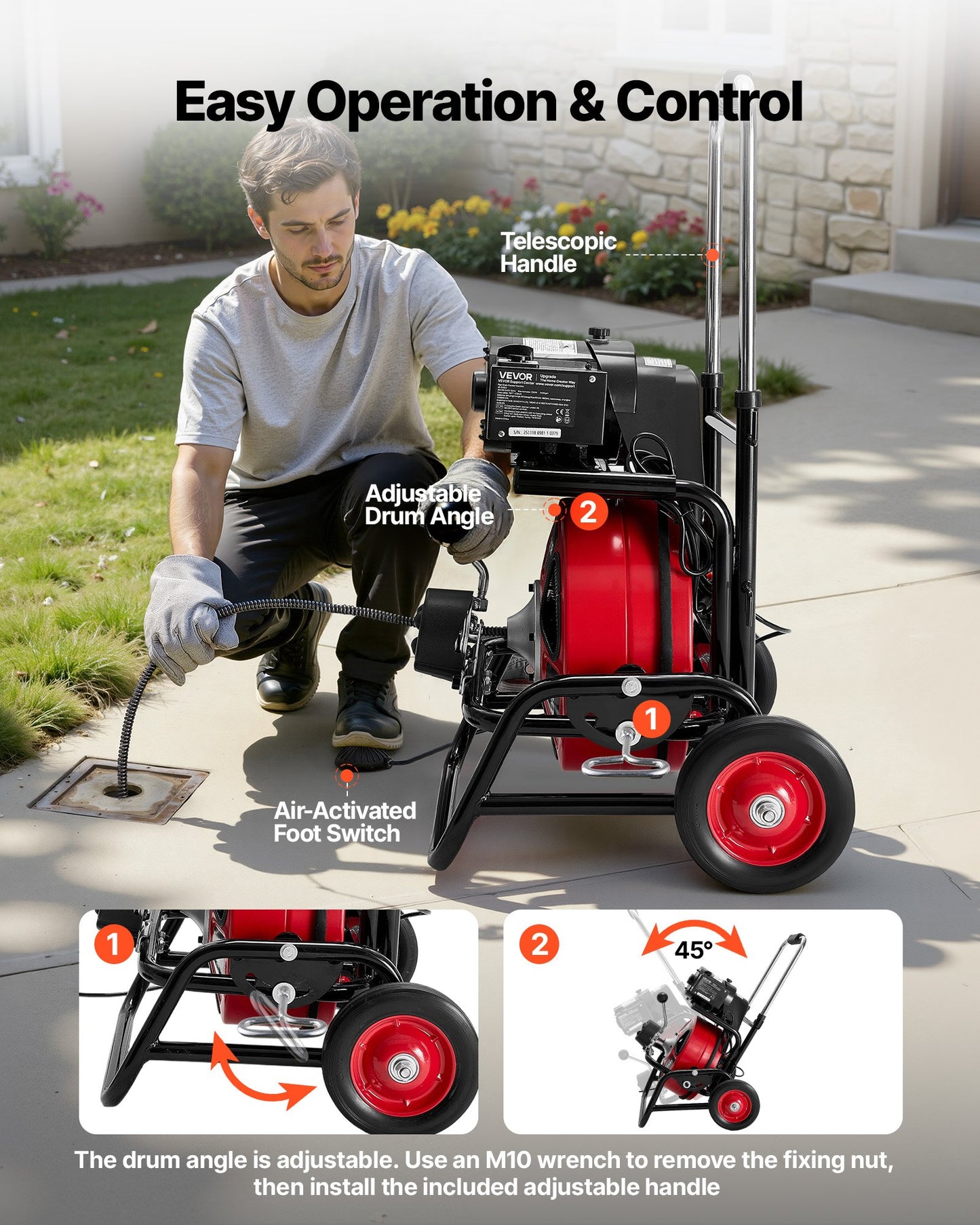 Drain Cleaner Machine 30m x 12.7mm, Auto Feed Sewer Snake Auger, Portable Drain Cleaning Machine with Climbing Wheels, Adjustable Drum, 8 Cutters & Foot Switch for 50mm to 150mm Pipes