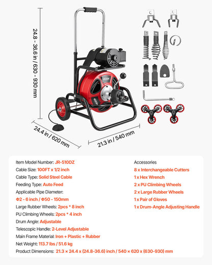 Drain Cleaner Machine 30m x 12.7mm, Auto Feed Sewer Snake Auger, Portable Drain Cleaning Machine with Climbing Wheels, Adjustable Drum, 8 Cutters & Foot Switch for 50mm to 150mm Pipes