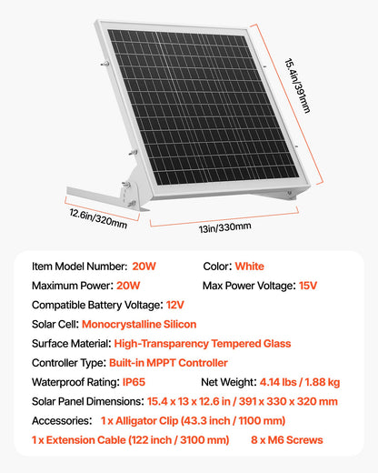 20W 12V Solar Battery Trickle Charger Maintainer, Mono Solar Panel Battery Charger with Built-in MPPT Controller & Adjustable Mount Bracket, IP65 Waterproof for Car Boat RV Trailer House Roof