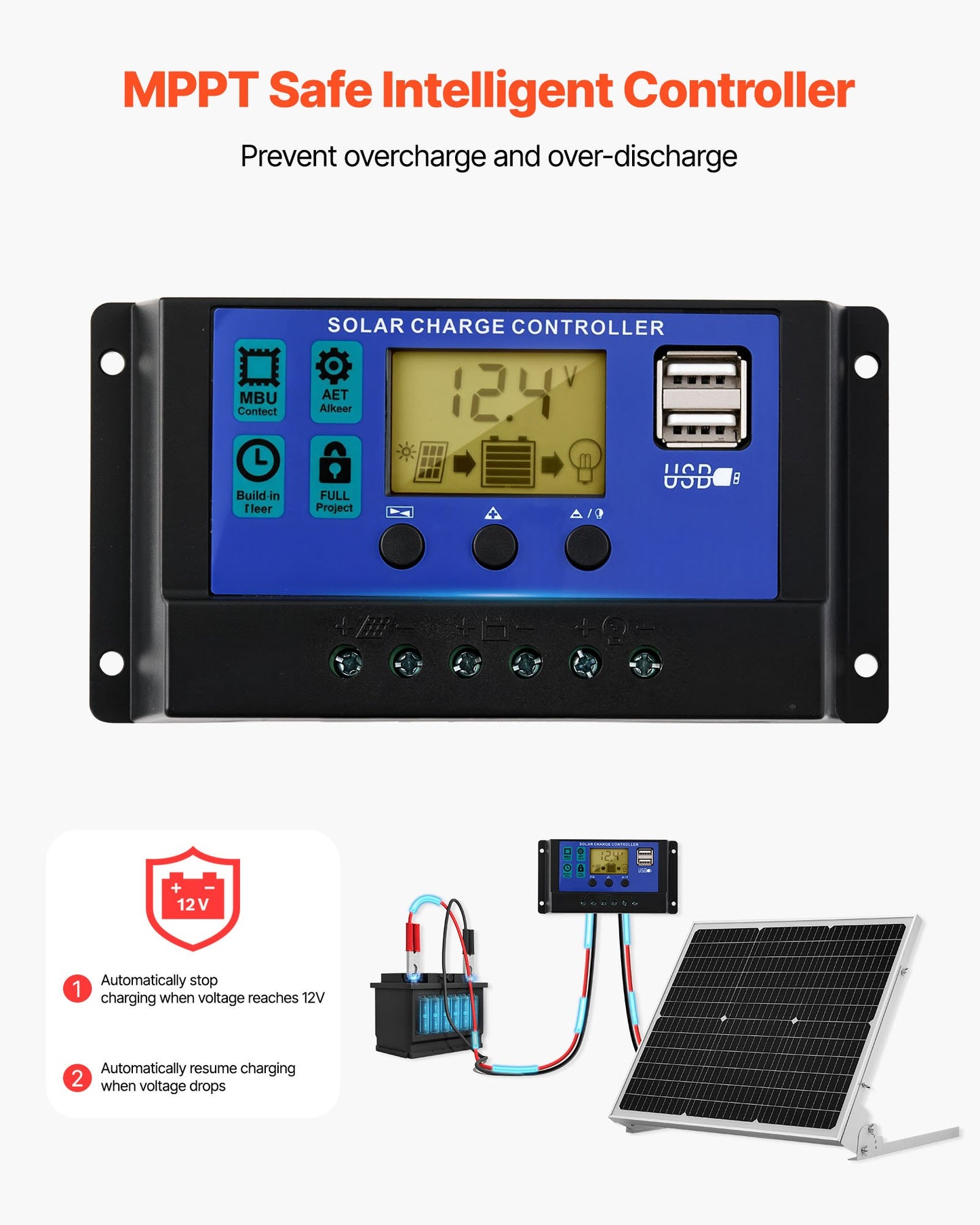50W 12V Solar Battery Trickle Charger Maintainer, Mono Solar Panel Battery Charger with Upgraded MPPT Controller & Adjustable Mount Bracket, IP65 Waterproof for Car Boat RV Trailer House Roof