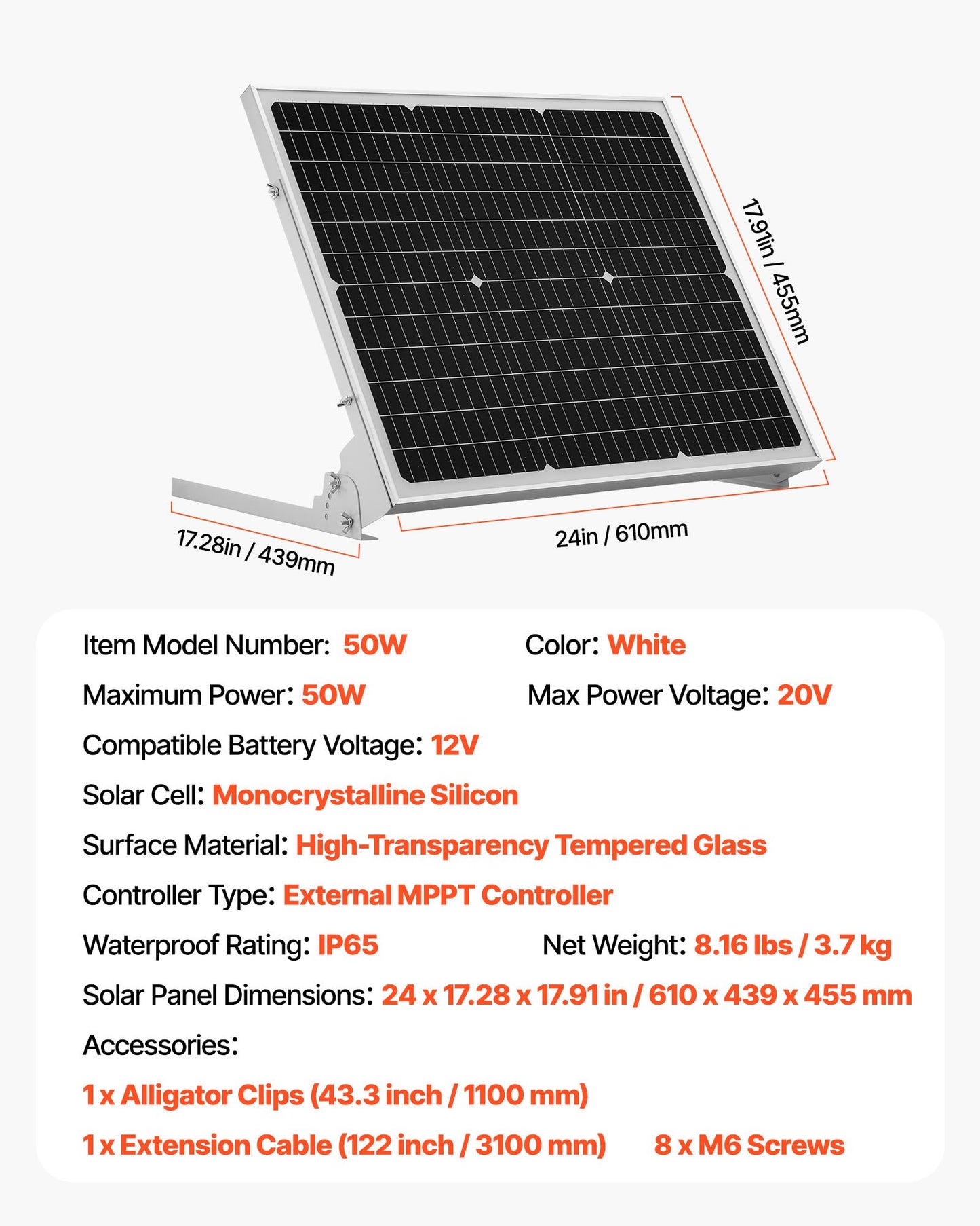 50W 12V Solar Battery Trickle Charger Maintainer, Mono Solar Panel Battery Charger with Upgraded MPPT Controller & Adjustable Mount Bracket, IP65 Waterproof for Car Boat RV Trailer House Roof