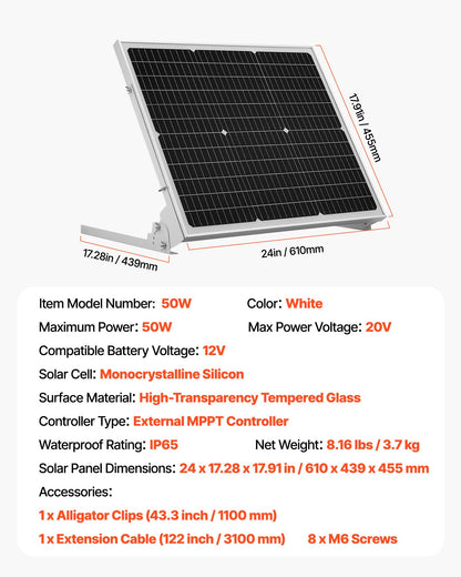 50W 12V Solar Battery Trickle Charger Maintainer, Mono Solar Panel Battery Charger with Upgraded MPPT Controller & Adjustable Mount Bracket, IP65 Waterproof for Car Boat RV Trailer House Roof