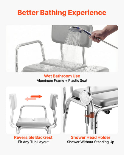 Tub Transfer Bench for Bathtub, 227 kg Weight Capacity Heavy Duty Shower Chair with Arm and Backrest, Height Adjustable Bathroom Shower Bench Bath Seat for Adults, Seniors, Elderly and Disabled