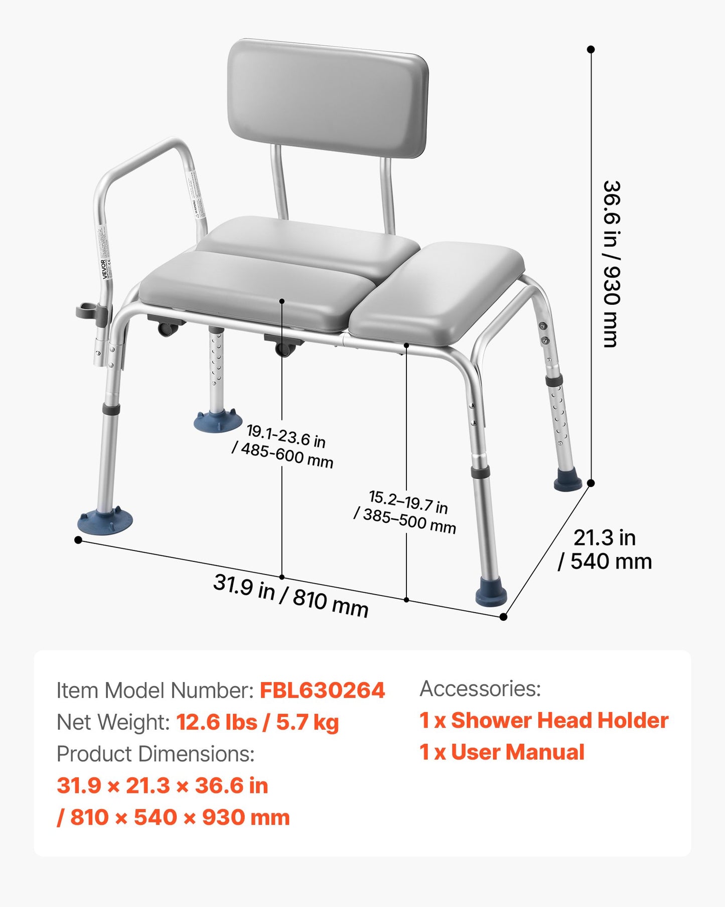 Tub Transfer Bench for Bathtub, 227 kg Weight Capacity Heavy Duty Shower Chair with Arm and Backrest, Height Adjustable Bathroom Shower Bench Bath Seat for Adults, Seniors, Elderly and Disabled
