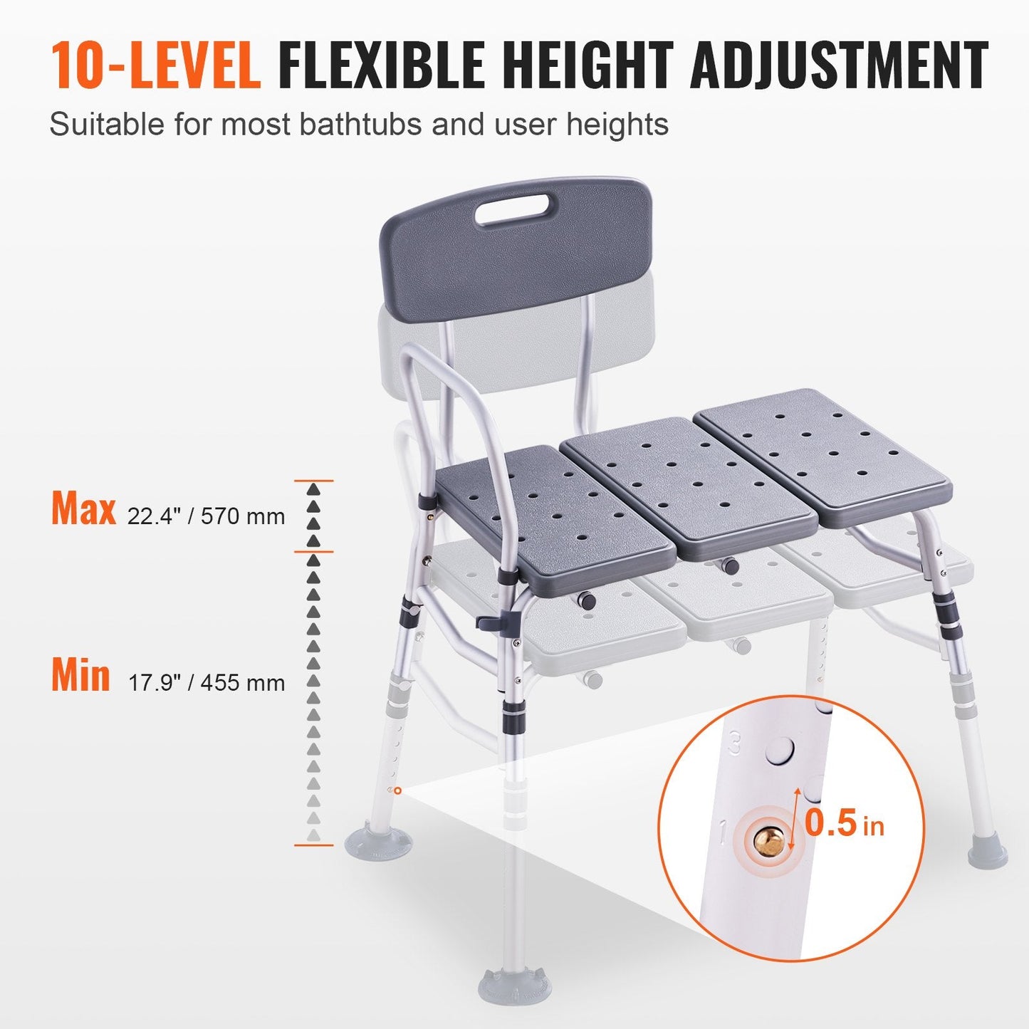 Adjustable Lightweight Bath Transfer Bench with Non-Slip Seat, 180 kg Capacity