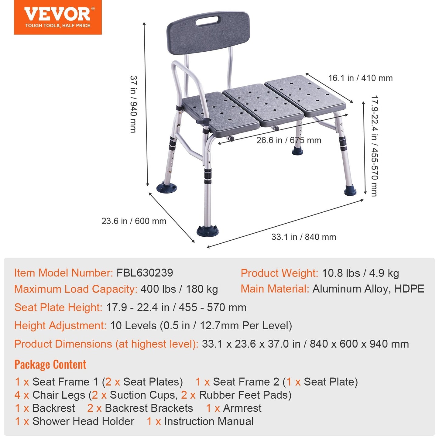 Adjustable Lightweight Bath Transfer Bench with Non-Slip Seat, 180 kg Capacity