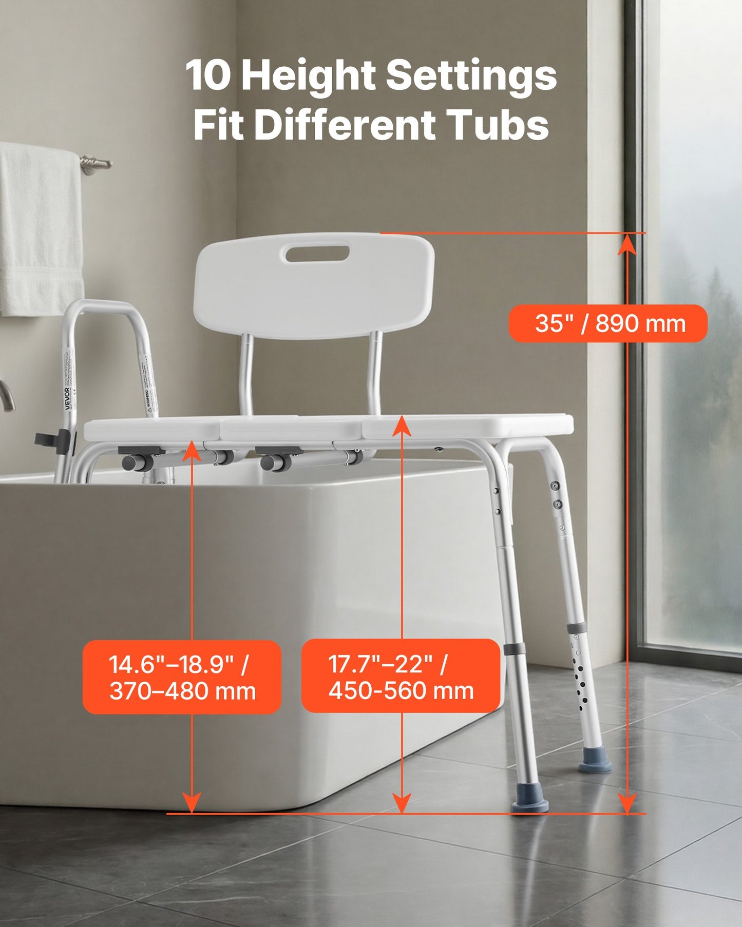 Tub Transfer Bench for Bathtub, 180 kg Weight Capacity Heavy Duty Shower Chair with Arm and Backrest, Height Adjustable Bathroom Shower Bench Bath Seat for Adults, Seniors, Elderly and Disabled