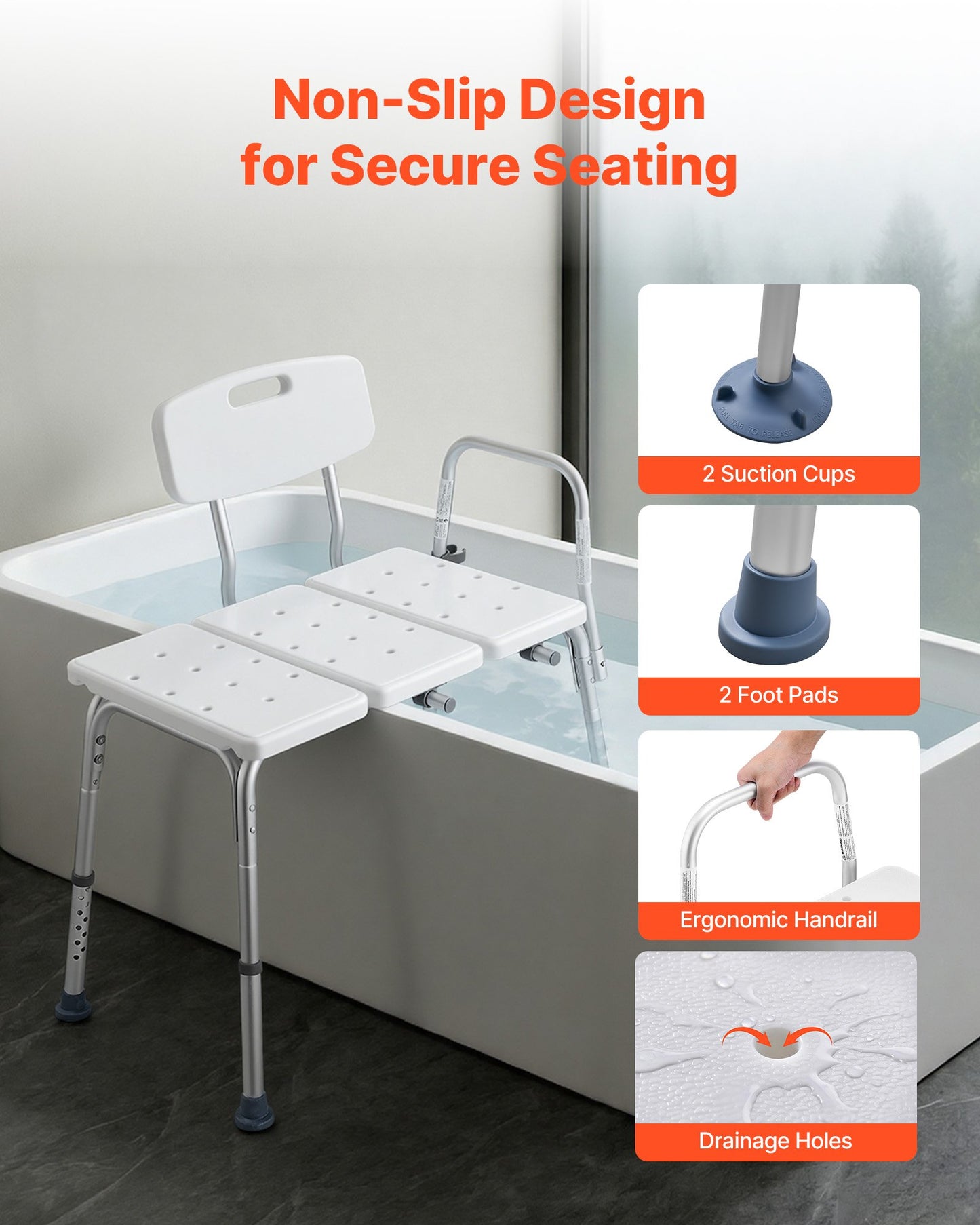 Tub Transfer Bench for Bathtub, 180 kg Weight Capacity Heavy Duty Shower Chair with Arm and Backrest, Height Adjustable Bathroom Shower Bench Bath Seat for Adults, Seniors, Elderly and Disabled