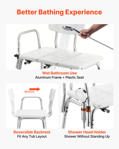 Tub Transfer Bench for Bathtub, 180 kg Weight Capacity Heavy Duty Shower Chair with Arm and Backrest, Height Adjustable Bathroom Shower Bench Bath Seat for Adults, Seniors, Elderly and Disabled