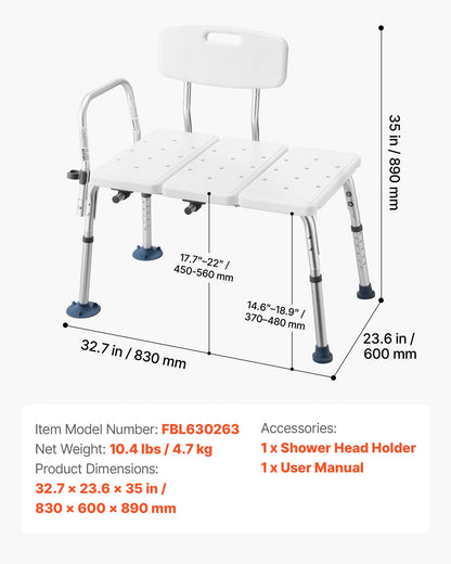 Tub Transfer Bench for Bathtub, 180 kg Weight Capacity Heavy Duty Shower Chair with Arm and Backrest, Height Adjustable Bathroom Shower Bench Bath Seat for Adults, Seniors, Elderly and Disabled