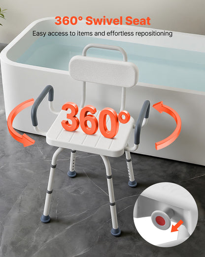 Swivel Shower Chair with Arms and Back, 180 kg Load Heavy Duty Bench Seat for Inside Shower Stall and Bathtub, Height Adjustable Bathroom Bath Tub Seat for Adults, Seniors, Elderly and Disabled