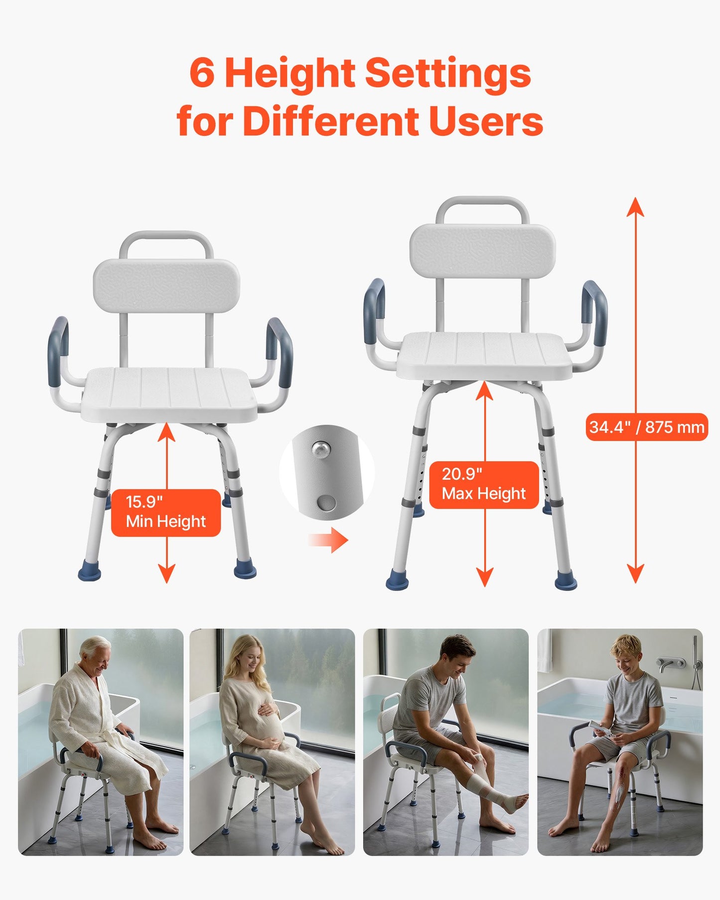 Swivel Shower Chair with Arms and Back, 180 kg Load Heavy Duty Bench Seat for Inside Shower Stall and Bathtub, Height Adjustable Bathroom Bath Tub Seat for Adults, Seniors, Elderly and Disabled