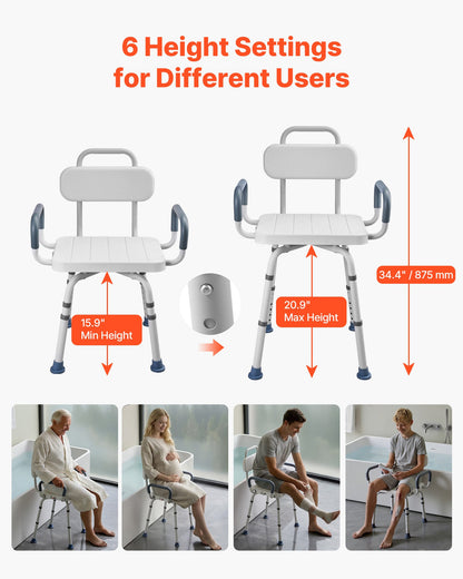 Swivel Shower Chair with Arms and Back, 180 kg Load Heavy Duty Bench Seat for Inside Shower Stall and Bathtub, Height Adjustable Bathroom Bath Tub Seat for Adults, Seniors, Elderly and Disabled