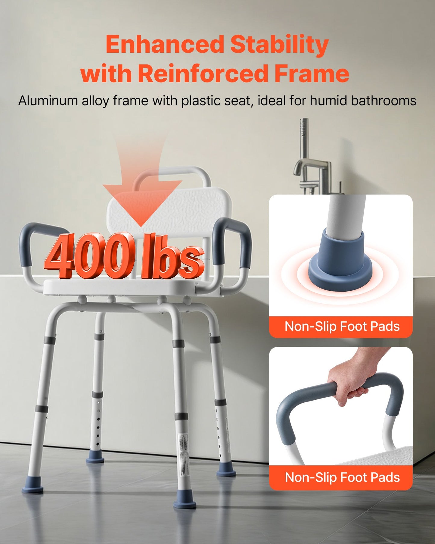 Swivel Shower Chair with Arms and Back, 180 kg Load Heavy Duty Bench Seat for Inside Shower Stall and Bathtub, Height Adjustable Bathroom Bath Tub Seat for Adults, Seniors, Elderly and Disabled