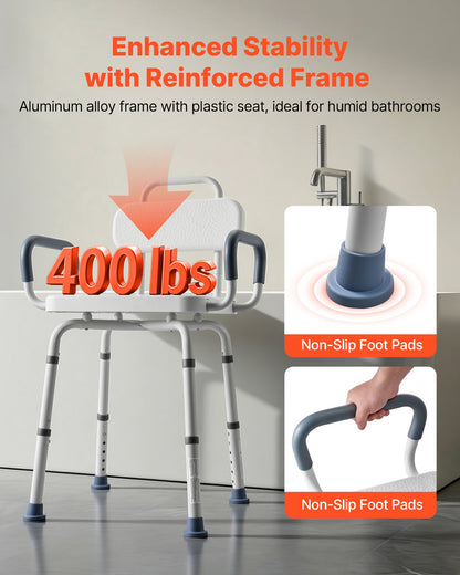 Swivel Shower Chair with Arms and Back, 180 kg Load Heavy Duty Bench Seat for Inside Shower Stall and Bathtub, Height Adjustable Bathroom Bath Tub Seat for Adults, Seniors, Elderly and Disabled