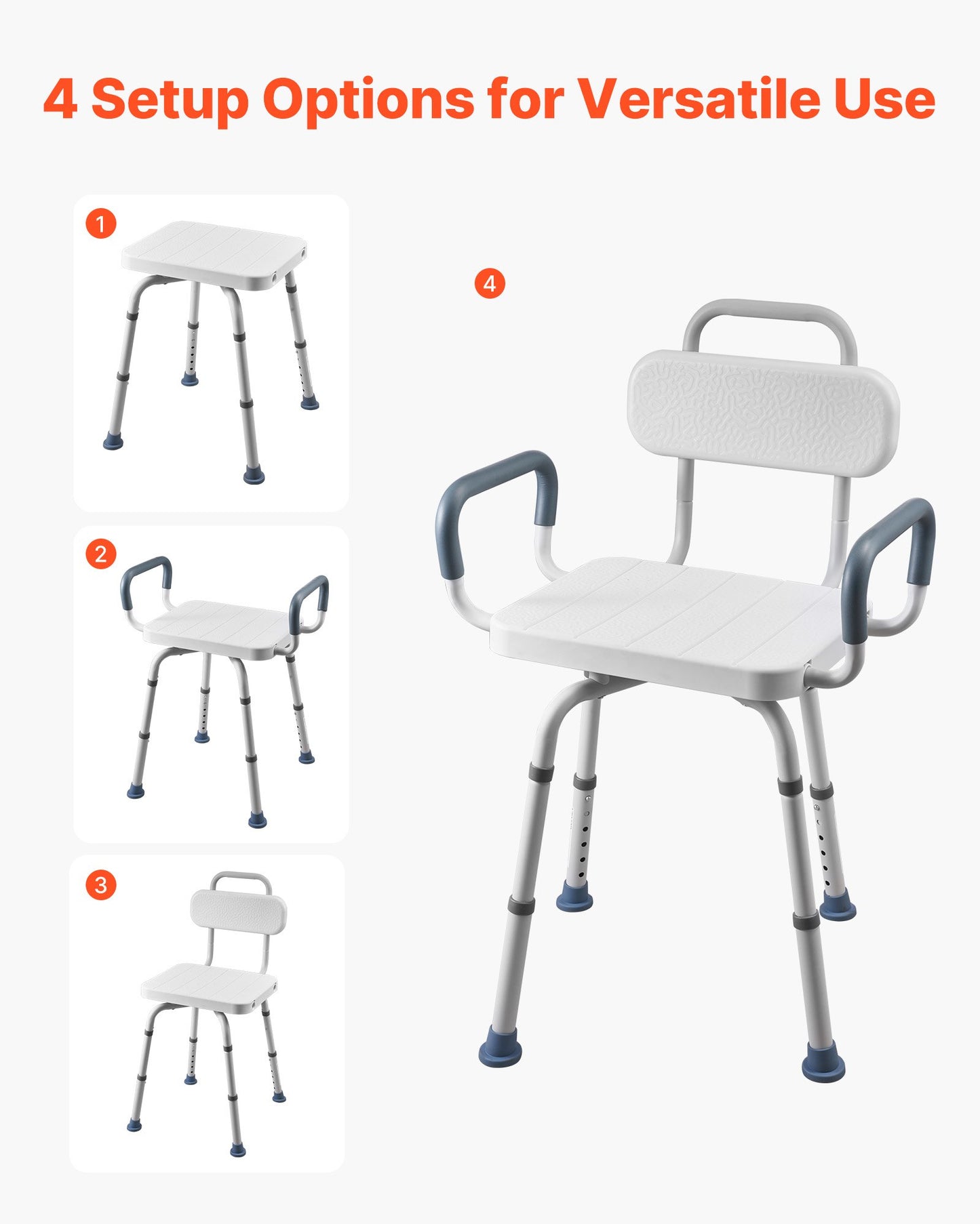 Swivel Shower Chair with Arms and Back, 180 kg Load Heavy Duty Bench Seat for Inside Shower Stall and Bathtub, Height Adjustable Bathroom Bath Tub Seat for Adults, Seniors, Elderly and Disabled