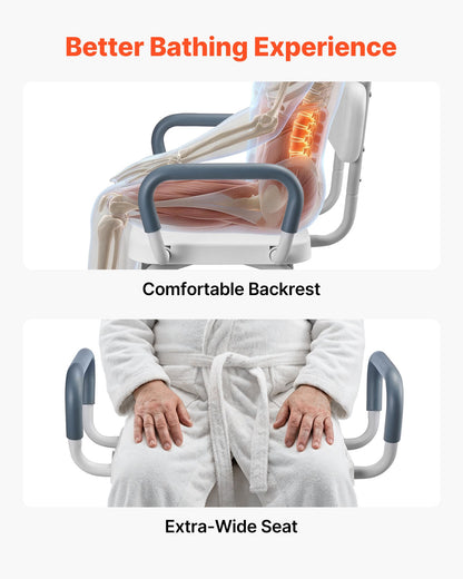 Swivel Shower Chair with Arms and Back, 180 kg Load Heavy Duty Bench Seat for Inside Shower Stall and Bathtub, Height Adjustable Bathroom Bath Tub Seat for Adults, Seniors, Elderly and Disabled