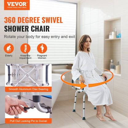 360° Swivel Shower Chair with Armrests & Backrest, 180 kg Capacity, Adjustable Height