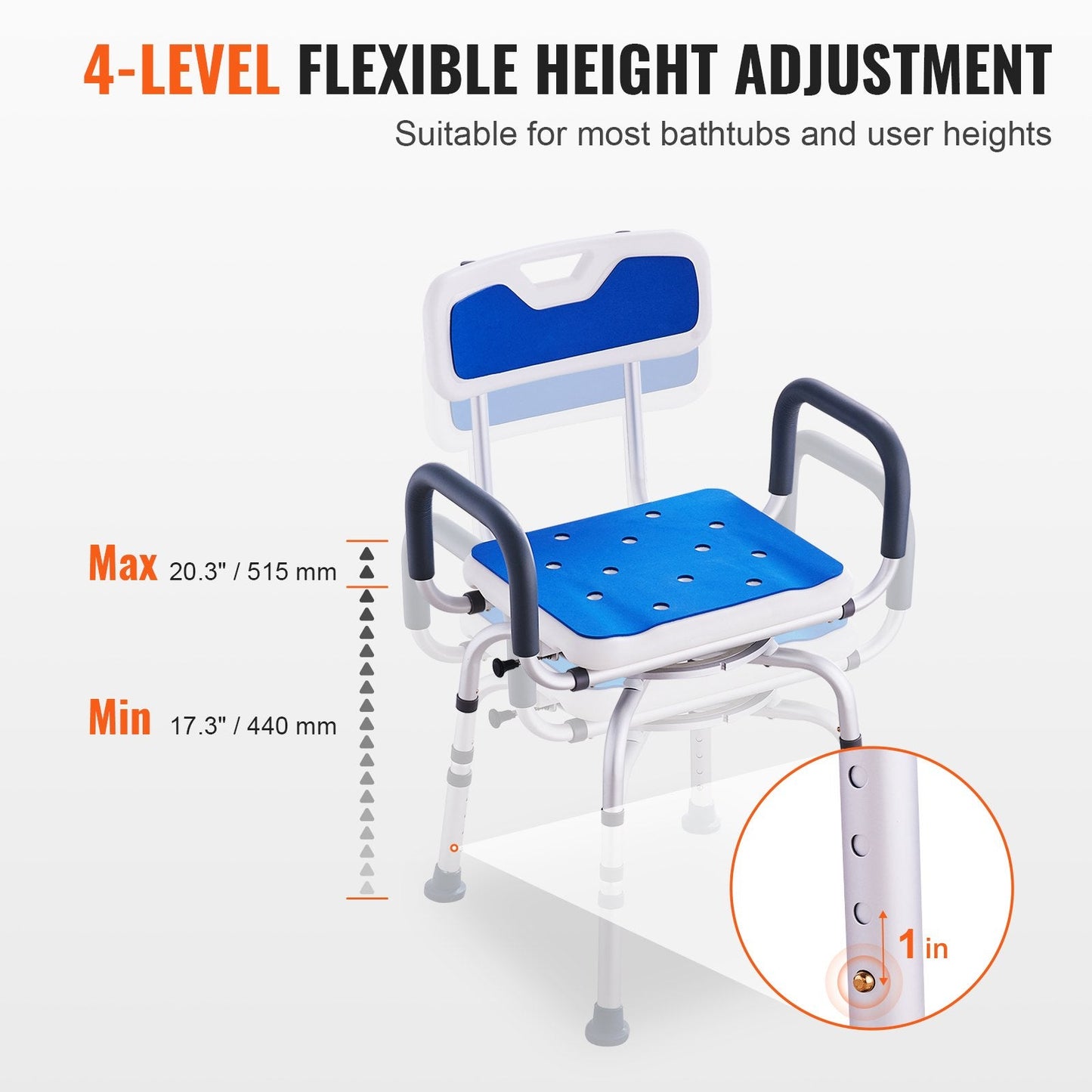 360° Swivel Shower Chair with Armrests & Backrest, 180 kg Capacity, Adjustable Height
