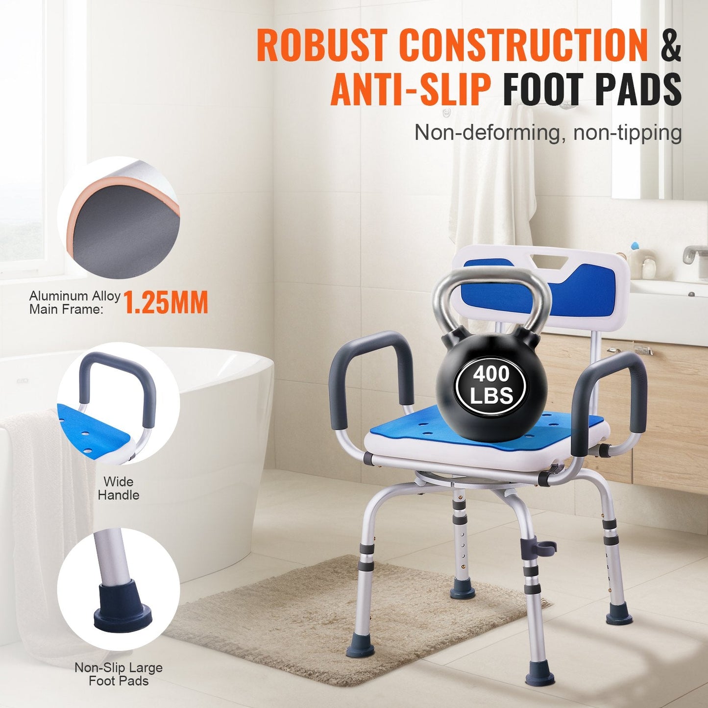 360° Swivel Shower Chair with Armrests & Backrest, 180 kg Capacity, Adjustable Height