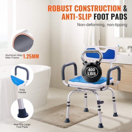 360° Swivel Shower Chair with Armrests & Backrest, 180 kg Capacity, Adjustable Height