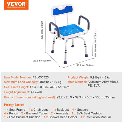 360° Swivel Shower Chair with Armrests & Backrest, 180 kg Capacity, Adjustable Height