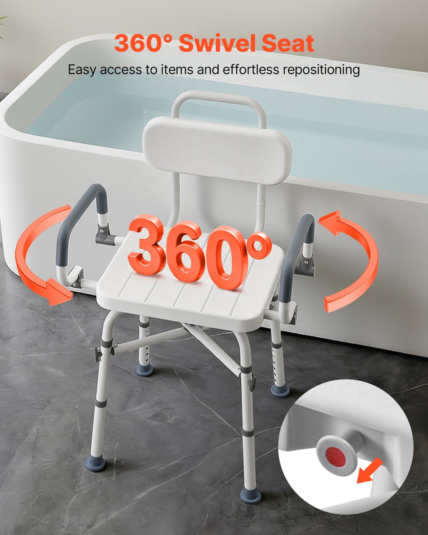 Swivel Shower Chair with Arms and Back, 227 kg Load Heavy Duty Bench Seat for Inside Shower Stall and Bathtub, Height Adjustable Bathroom Bath Tub Seat for Adults, Seniors, Elderly and Disabled