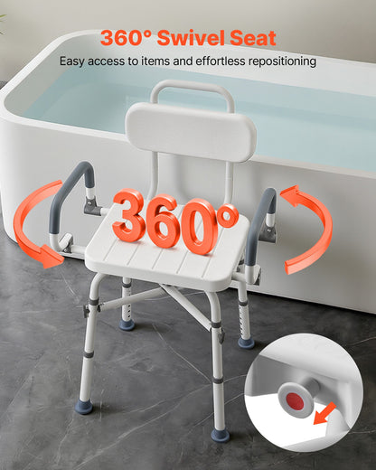 Swivel Shower Chair with Arms and Back, 227 kg Load Heavy Duty Bench Seat for Inside Shower Stall and Bathtub, Height Adjustable Bathroom Bath Tub Seat for Adults, Seniors, Elderly and Disabled