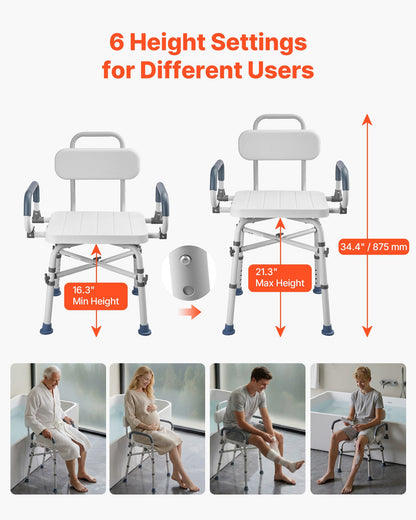 Swivel Shower Chair with Arms and Back, 227 kg Load Heavy Duty Bench Seat for Inside Shower Stall and Bathtub, Height Adjustable Bathroom Bath Tub Seat for Adults, Seniors, Elderly and Disabled