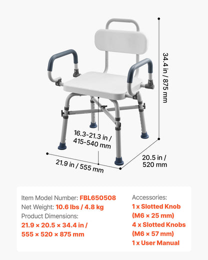 Swivel Shower Chair with Arms and Back, 227 kg Load Heavy Duty Bench Seat for Inside Shower Stall and Bathtub, Height Adjustable Bathroom Bath Tub Seat for Adults, Seniors, Elderly and Disabled