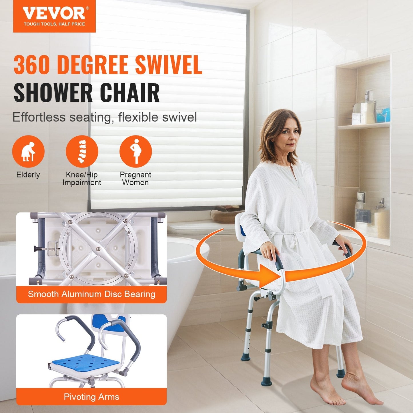 Swivel Shower Chair with Pivoting Arms, Adjustable Height, 180 kg Capacity