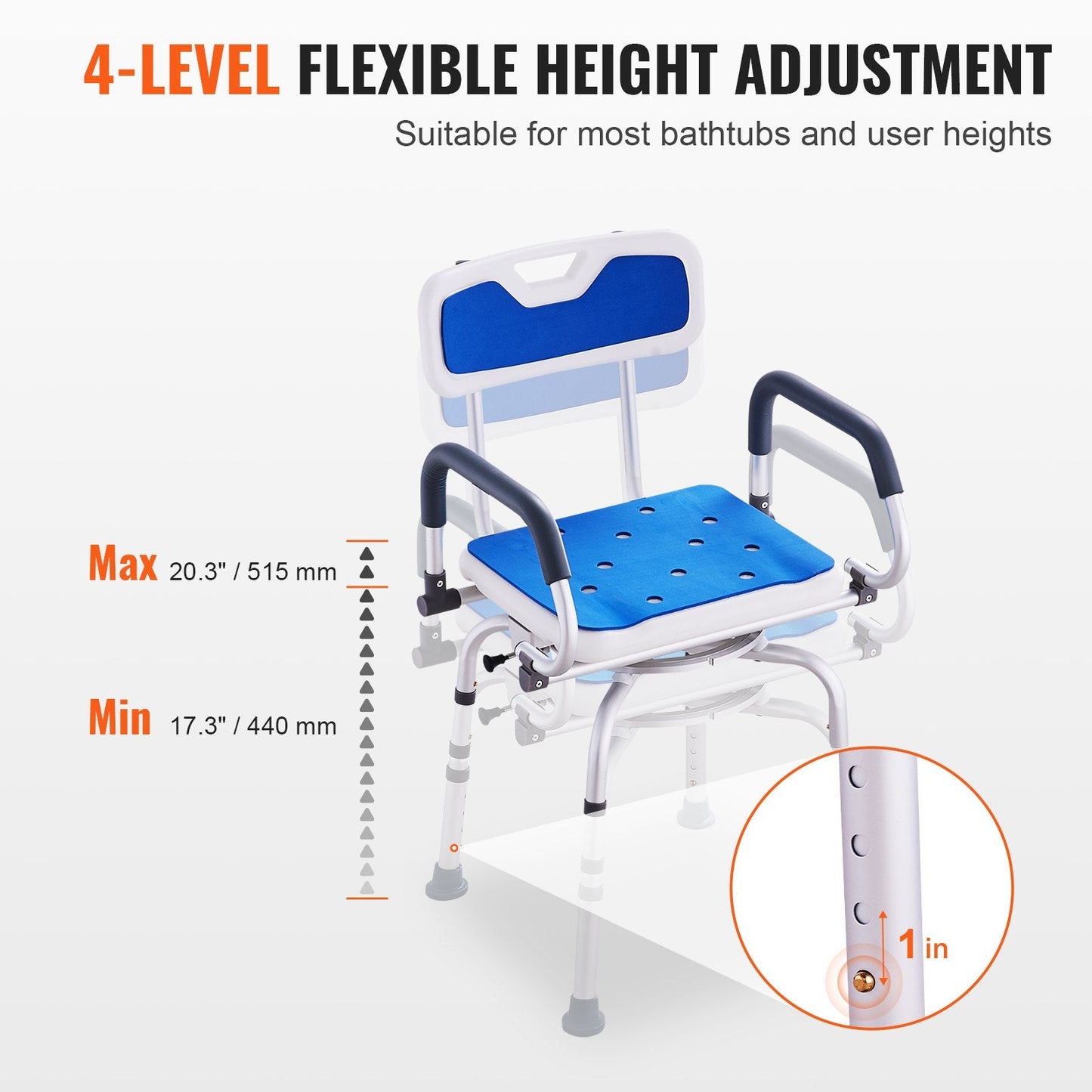 Swivel Shower Chair with Pivoting Arms, Adjustable Height, 180 kg Capacity