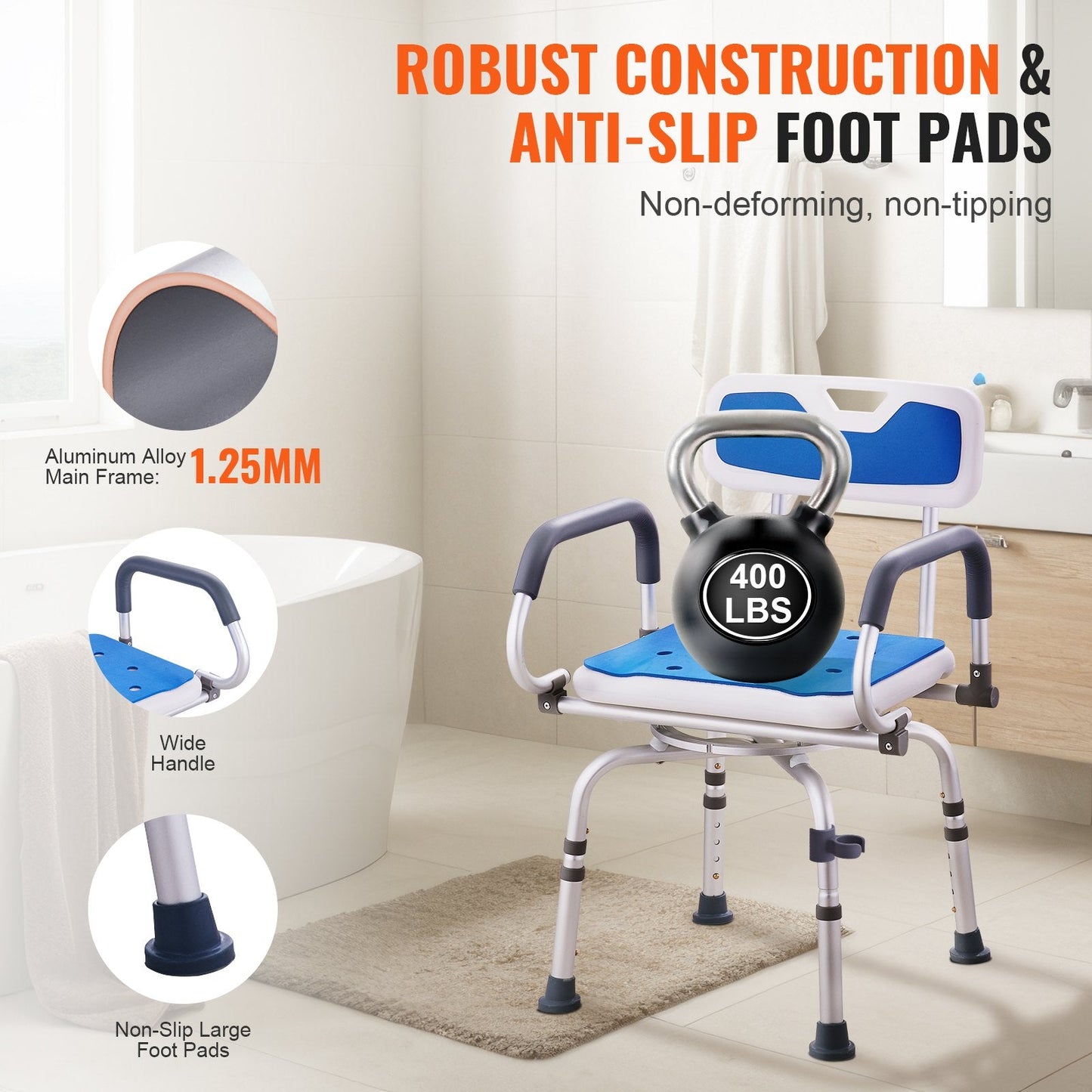 Swivel Shower Chair with Pivoting Arms, Adjustable Height, 180 kg Capacity