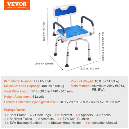Swivel Shower Chair with Pivoting Arms, Adjustable Height, 180 kg Capacity
