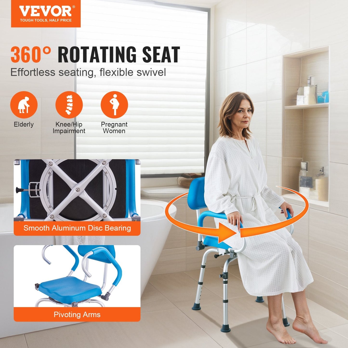 360° Swivel Shower Chair with Adjustable Height and Pivoting Arms, 135 kg Capacity